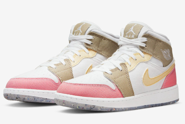 Air Jordan 1 Mid GS Canvas Pink/Tan/Yellow/Lime Green/White Sneaker Air Jordan 1 Mid GS Canvas Pink/Tan/Yellow/Lime Green/White Sneaker
