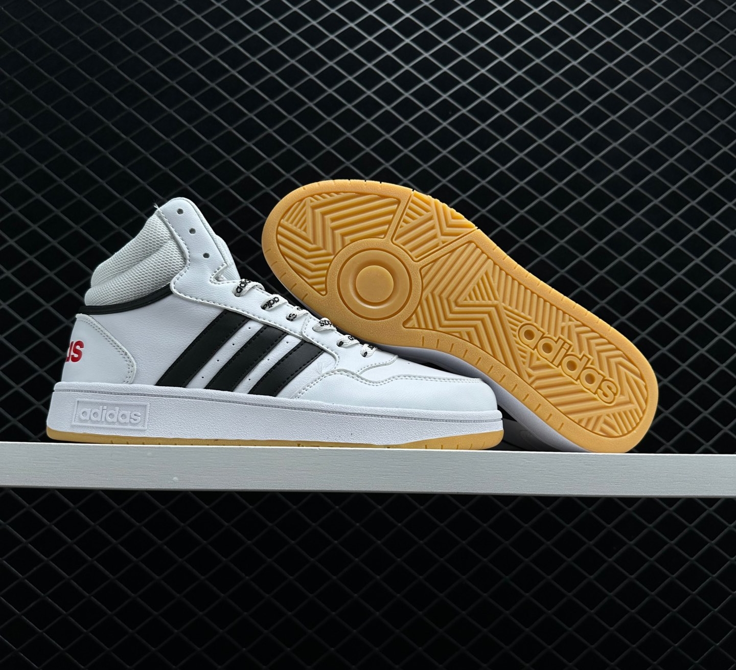 Adidas Hoops 3.0 Mid Sneakers - White/Navy/Gum | Shop Now! Adidas Hoops 3.0 Mid Sneakers - White/Navy/Gum | Shop Now!