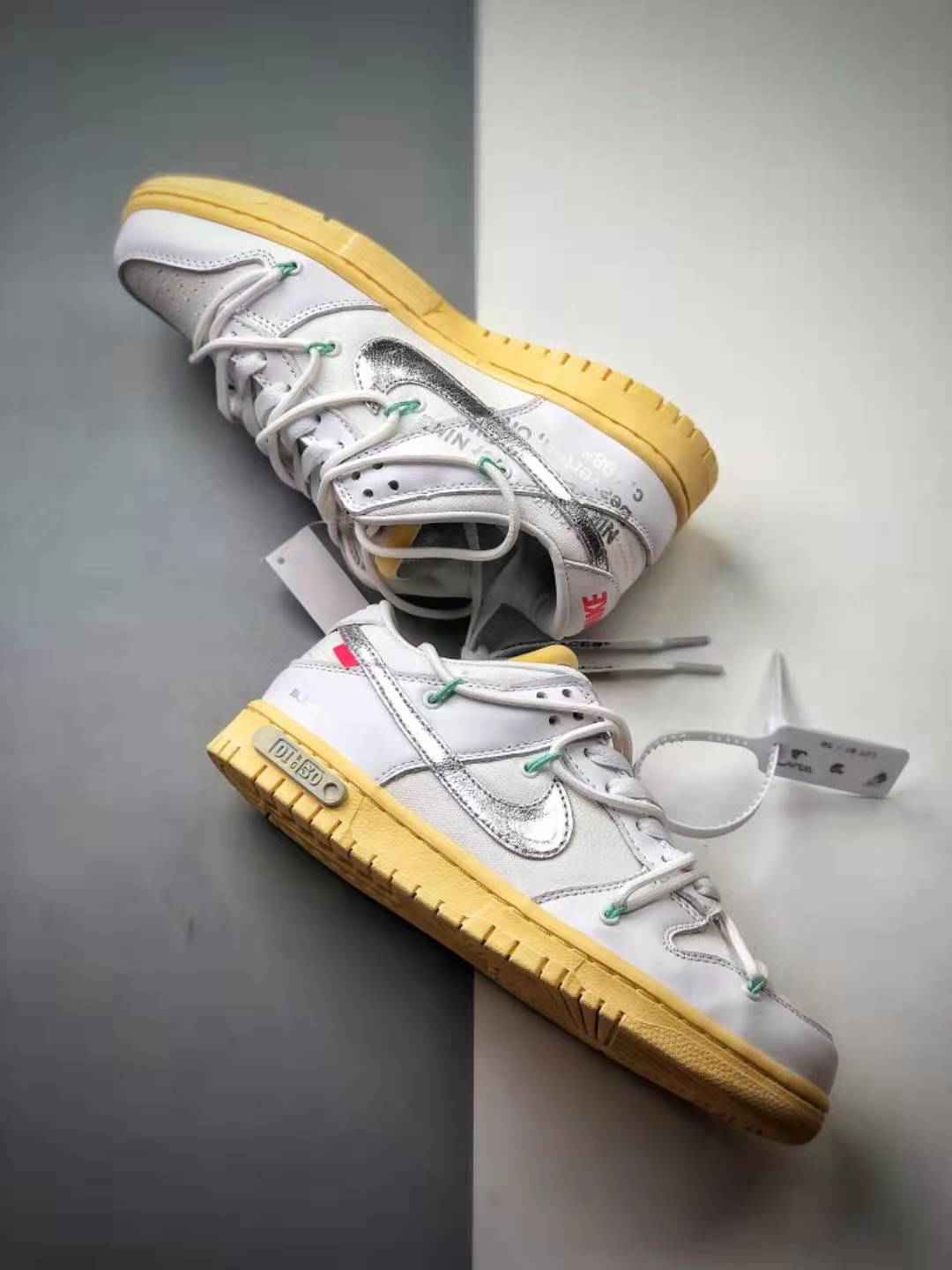 Off-White x Nike SB Dunk Low White Metallic Silver Yellow DM1602-127 - Limited Edition Collaboration Sneakers